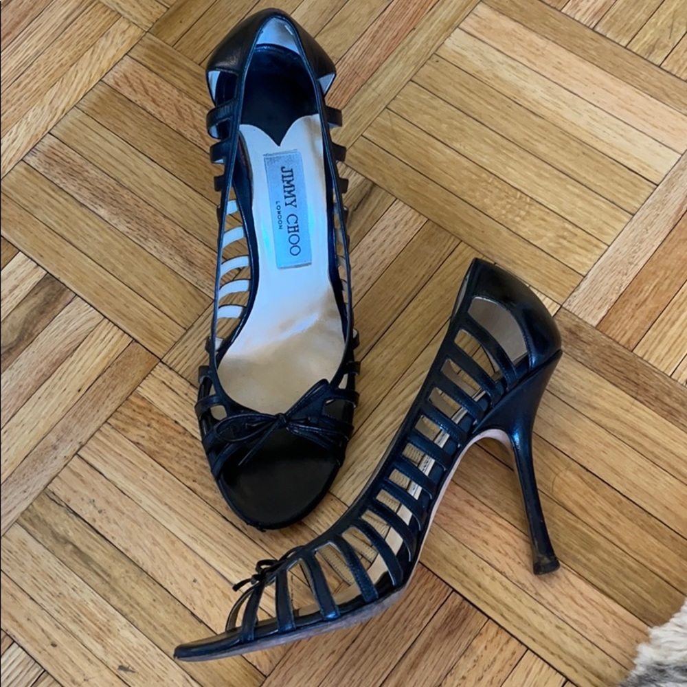 Jimmy Choo black peep toe cut out sandals with bow
